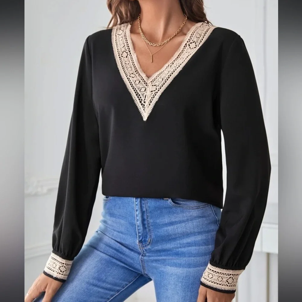 SHEIN CURVE CONTRAST LACE LONG-SLEEVE BLOUSE BLACK/TAN 0XL WOMEN - Picture 1 of 15